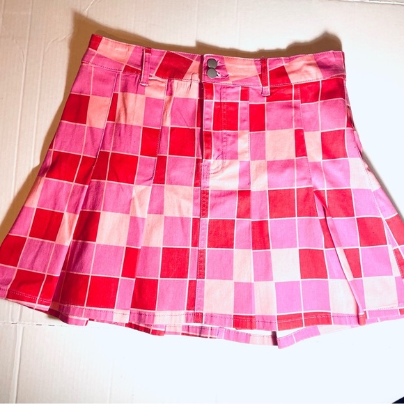 American Bazi Y2K Pink Checkerboard Pleated Mini Skirt 1X Preppy Trend - Picture 8 of 13
